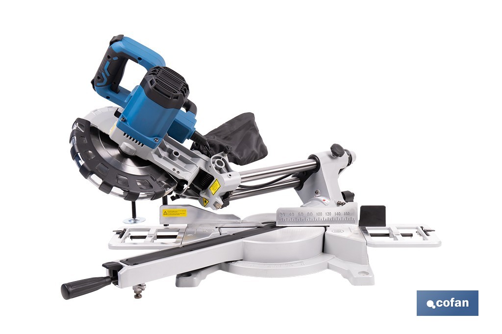 Ingletadora eléctrica 1450 W Ø210 mm 5000 rpm | Corte preciso con guía láser, doble bisel, barra deslizante y bolsa de serrín - Cofan
