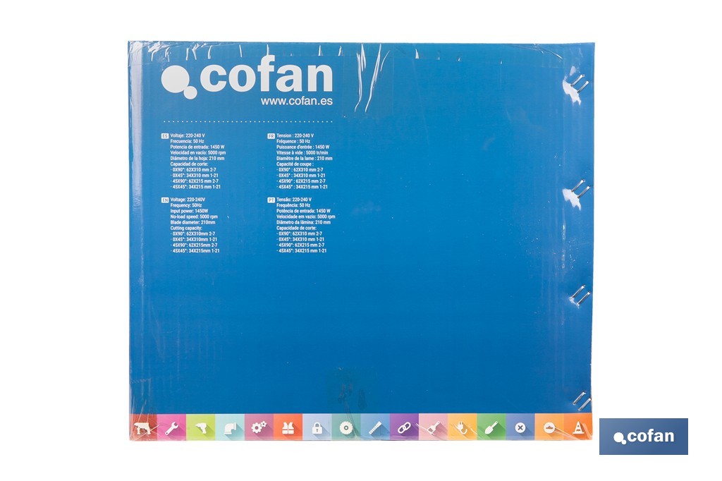 Ingletadora eléctrica 1450 W Ø210 mm 5000 rpm | Corte preciso con guía láser, doble bisel, barra deslizante y bolsa de serrín - Cofan