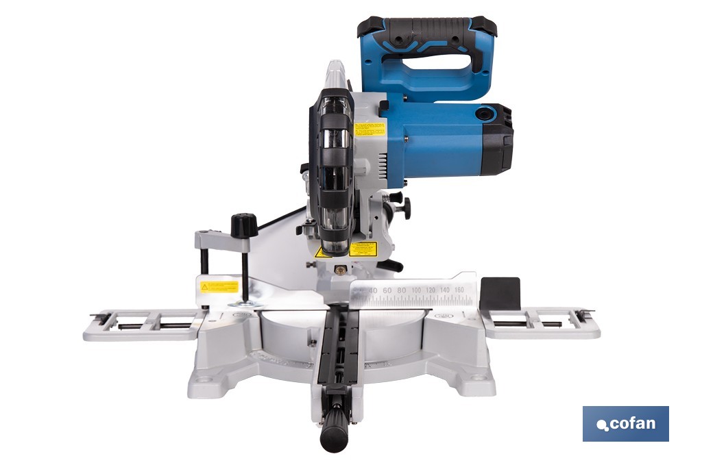 Ingletadora eléctrica 1450 W Ø210 mm 5000 rpm | Corte preciso con guía láser, doble bisel, barra deslizante y bolsa de serrín - Cofan