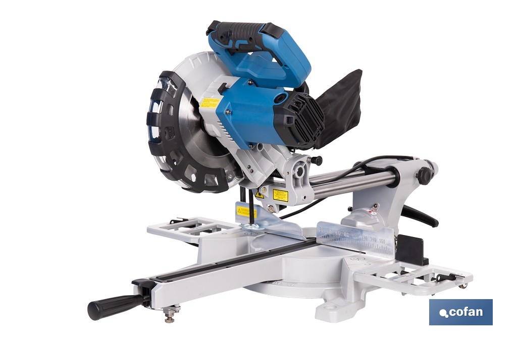 Ingletadora eléctrica 1450 W Ø210 mm 5000 rpm | Corte preciso con guía láser, doble bisel, barra deslizante y bolsa de serrín - Cofan