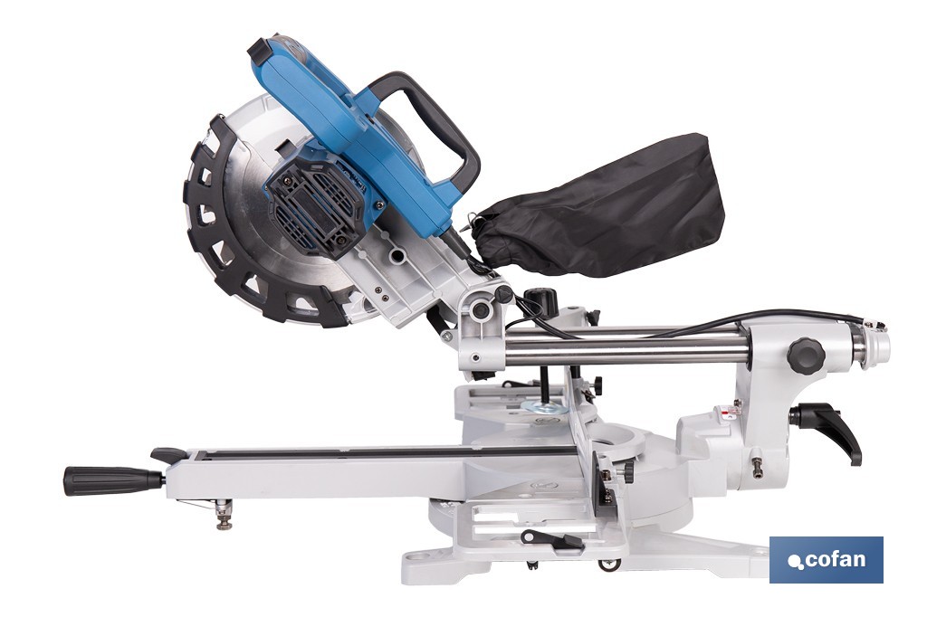 Ingletadora eléctrica 1450 W Ø210 mm 5000 rpm | Corte preciso con guía láser, doble bisel, barra deslizante y bolsa de serrín - Cofan