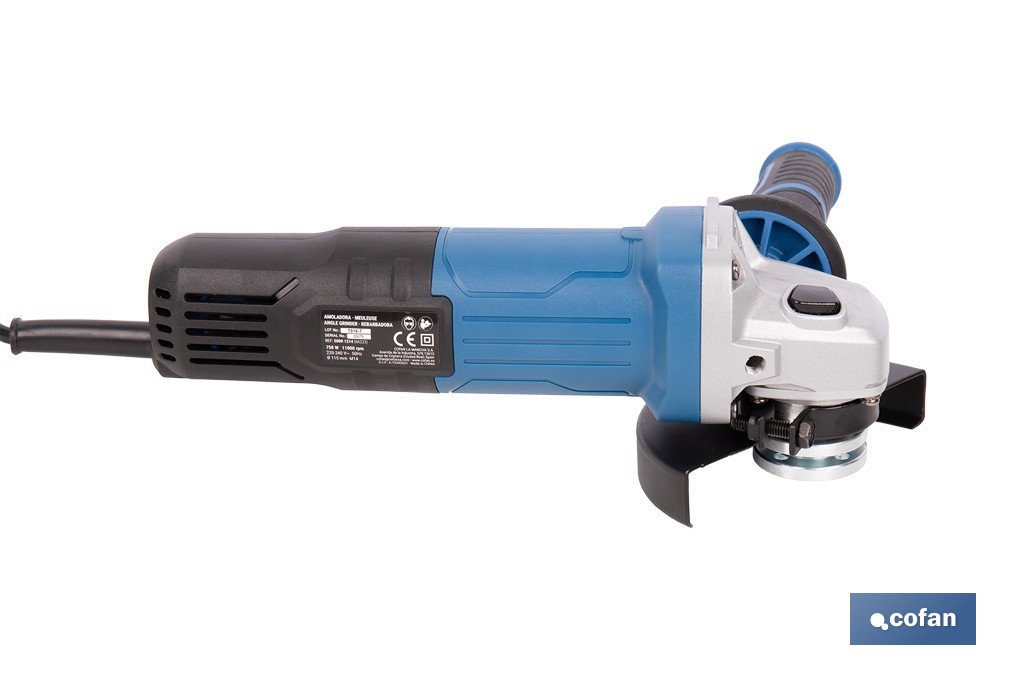 Amoladora angular eléctrica 750 W Ø115 mm 11000 rpm | Mango auxiliar con 2 posiciones y sistema antivibración | Ligera, potente y segura - Cofan