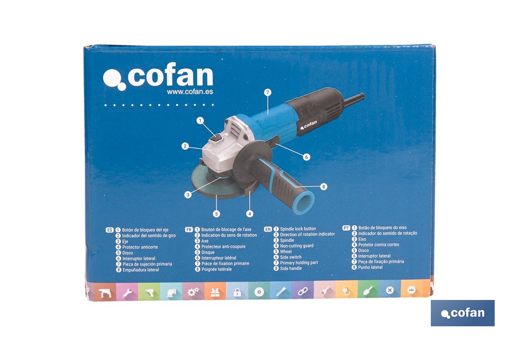 Amoladora angular eléctrica 750 W Ø115 mm 11000 rpm | Mango auxiliar con 2 posiciones y sistema antivibración | Ligera, potente y segura - Cofan