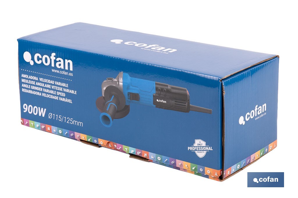 Smerigliatrice angolare da 900W |Ø115/125 mm | Velocità variabile | 900W e radiale per dischi da Ø115/125 mm - Cofan