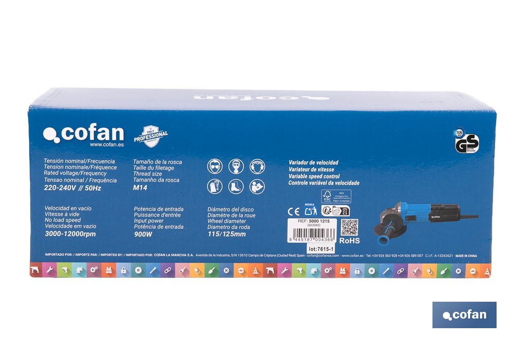 Smerigliatrice angolare da 900W |Ø115/125 mm | Velocità variabile | 900W e radiale per dischi da Ø115/125 mm - Cofan