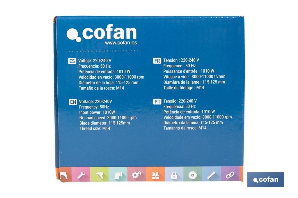 Amoladora angular eléctrica 1010 W Ø115/125 mm con velocidad variable 3000-11000 rpm | Arranque progresivo, mango antivibración, engranajes de aluminio reforzado - Cofan