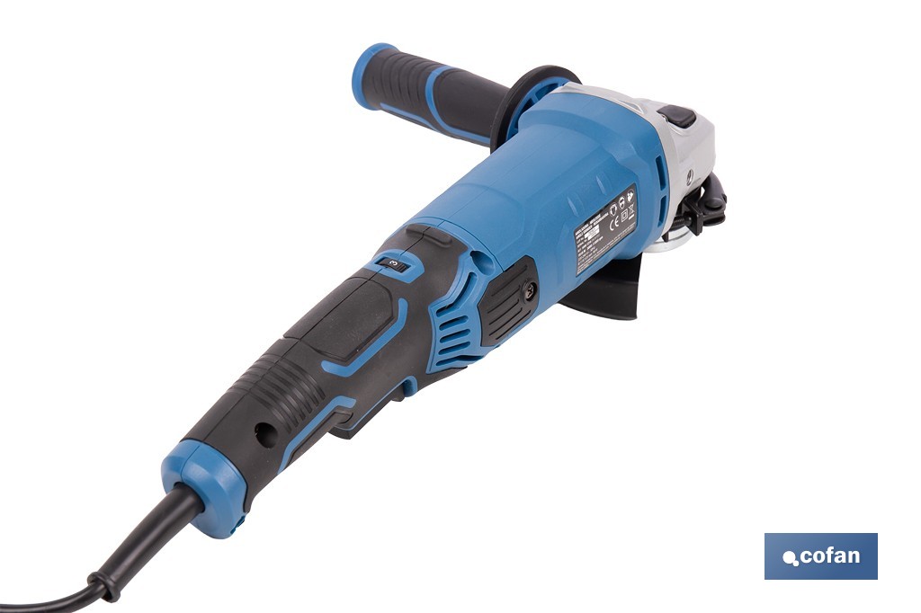 Amoladora angular eléctrica 1010 W Ø115/125 mm con velocidad variable 3000-11000 rpm | Arranque progresivo, mango antivibración, engranajes de aluminio reforzado - Cofan