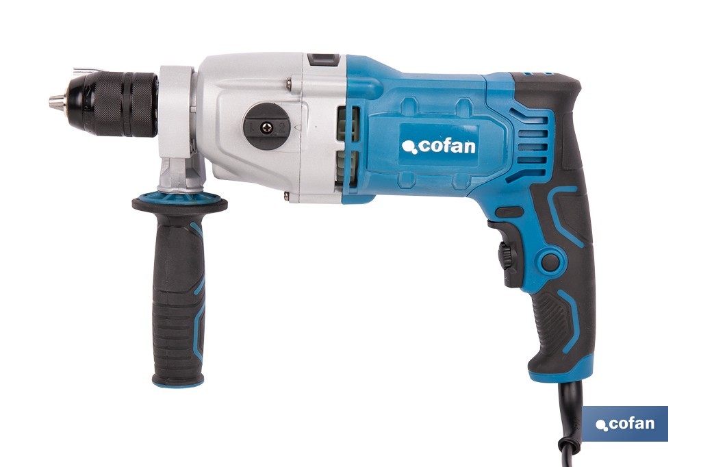 Taladro percutor eléctrico 1200 W con 2 velocidades, portabrocas automático 13 mm | Empuñadura multiposición y control de velocidad variable - Cofan
