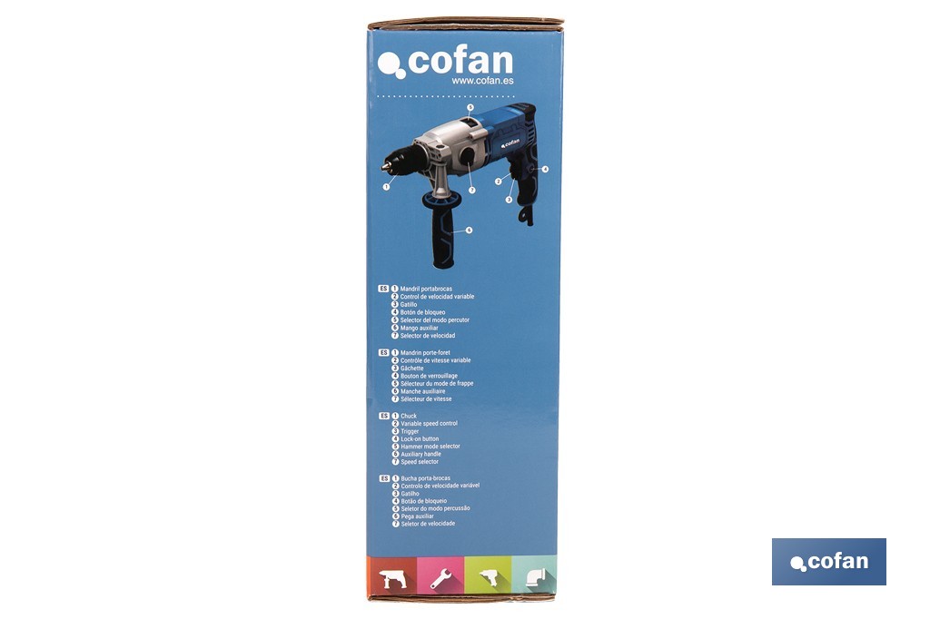 Taladro percutor eléctrico 1200 W con 2 velocidades, portabrocas automático 13 mm | Empuñadura multiposición y control de velocidad variable - Cofan