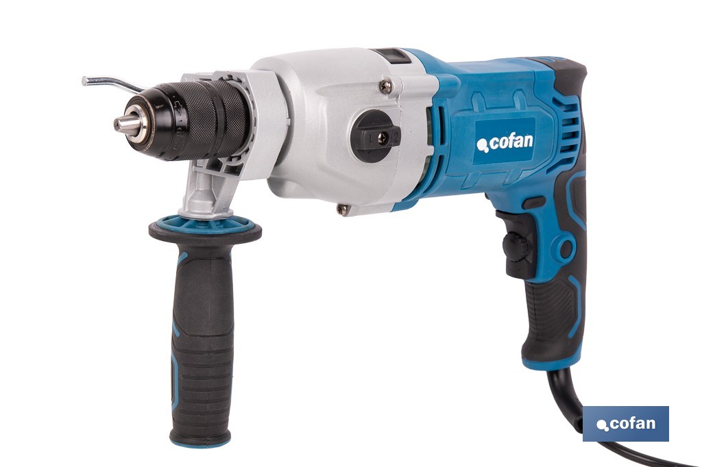 Taladro percutor eléctrico 1200 W con 2 velocidades, portabrocas automático 13 mm | Empuñadura multiposición y control de velocidad variable - Cofan