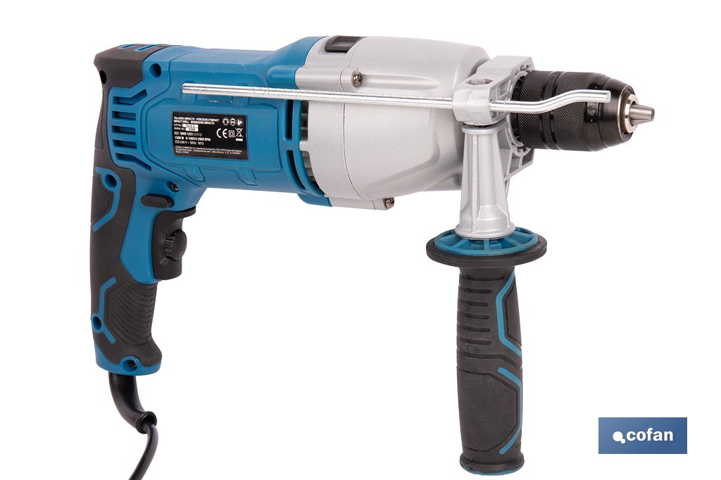 Taladro percutor eléctrico 1200 W con 2 velocidades, portabrocas automático 13 mm | Empuñadura multiposición y control de velocidad variable - Cofan