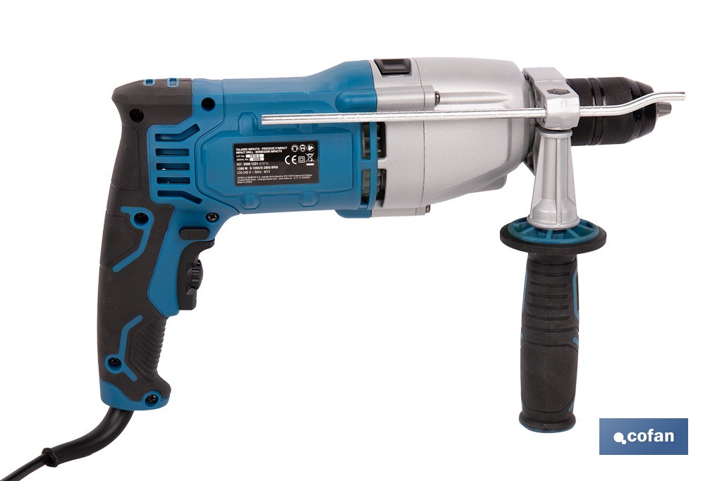 Taladro percutor eléctrico 1200 W con 2 velocidades, portabrocas automático 13 mm | Empuñadura multiposición y control de velocidad variable - Cofan