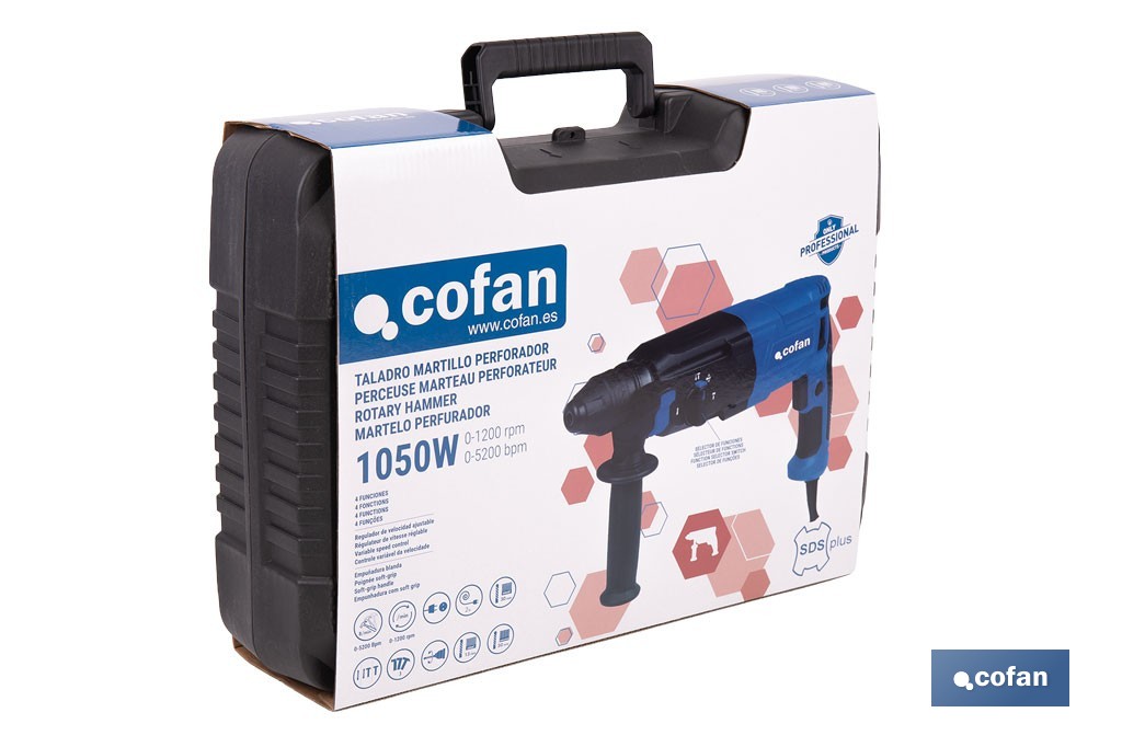 Taladro martillo perforador SDS-Plus | 1050 W, 5200 bpm con energía de impacto de 3,2 J | Accesorios incluidos - Cofan
