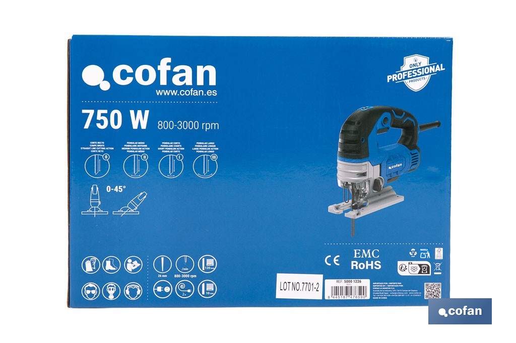 Sierra de calar eléctrica con corte pendular de 4 posiciones | 750 W; corte a bisel ±45°; Velocidad variable 800-3000 rpm - Cofan