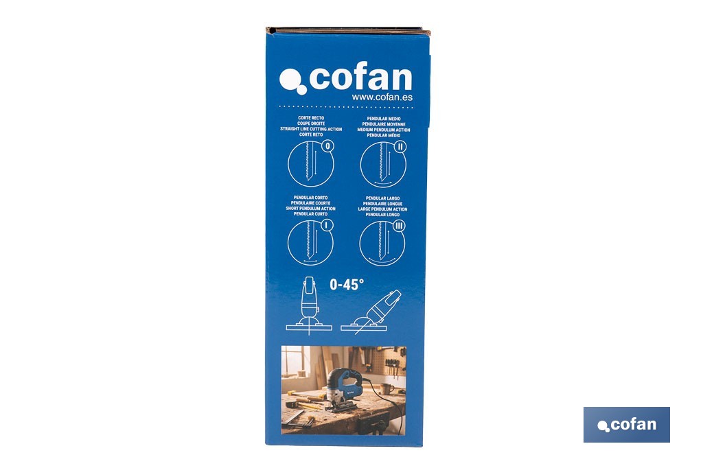 Sierra de calar eléctrica con corte pendular de 4 posiciones | 750 W; corte a bisel ±45°; Velocidad variable 800-3000 rpm - Cofan