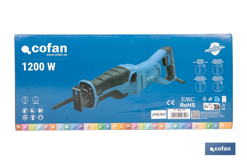 Sierra de sable eléctrica 1200 W 2800 rpm, acción pendular 3 posiciones + corte recto | Control de velocidad variable, cambio de hoja sin herramientas - Cofan