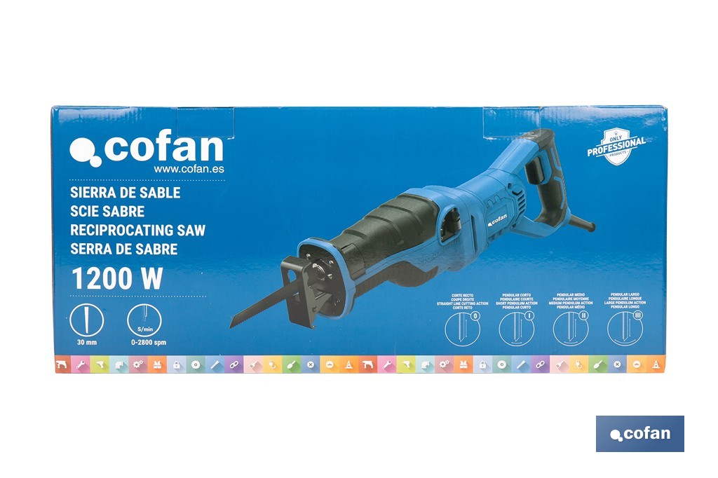 Sierra de sable eléctrica 1200 W 2800 rpm, acción pendular 3 posiciones + corte recto | Control de velocidad variable, cambio de hoja sin herramientas - Cofan