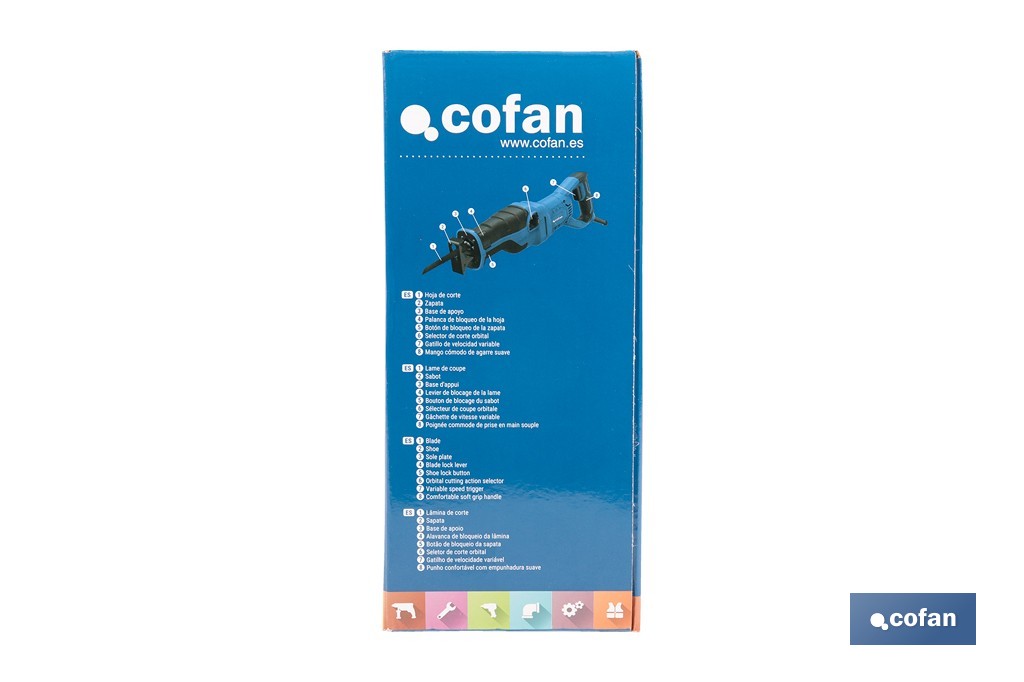 Sierra de sable eléctrica 1200 W 2800 rpm, acción pendular 3 posiciones + corte recto | Control de velocidad variable, cambio de hoja sin herramientas - Cofan