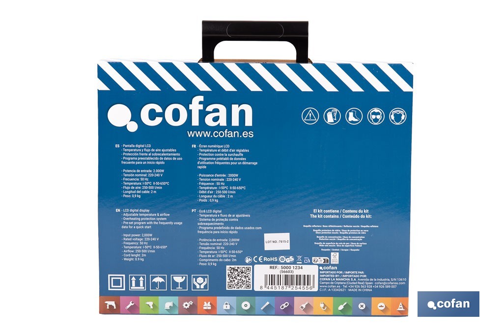 Pistola termica ad aria calda, display LCD digitale, 2000W | Temperatura regolabile da 50ºC fino a 650ºC | Display digitale - Cofan