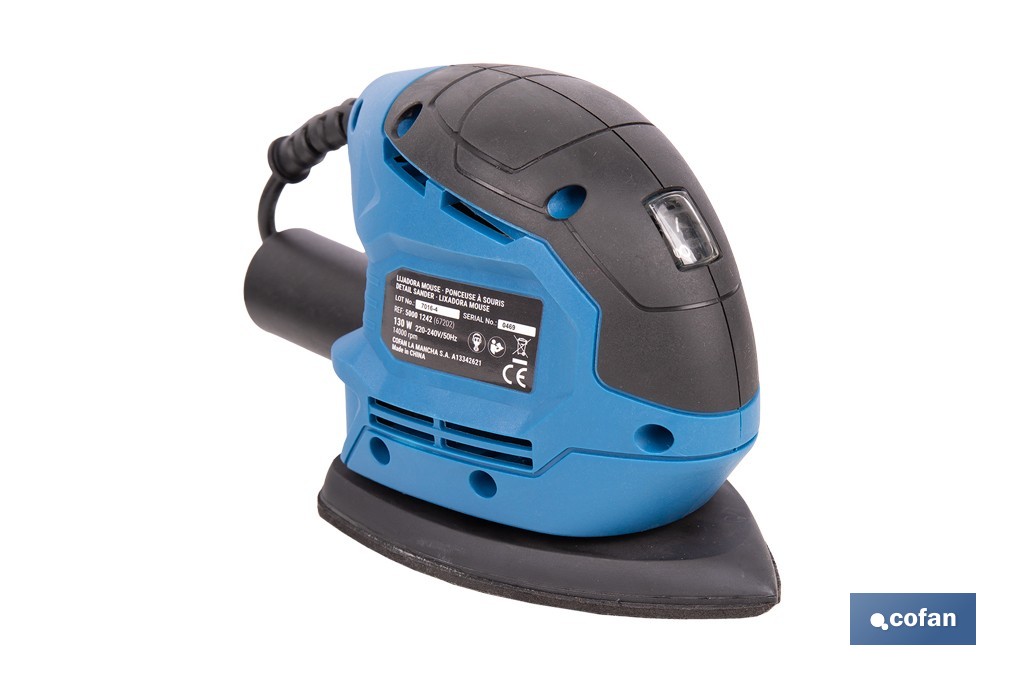 Lijadora mouse eléctrica 130 W 14 000 rpm, aspiración de polvo | Base de velcro con 5 agujeros | Ideal para madera, chapa, laca o relleno - Cofan