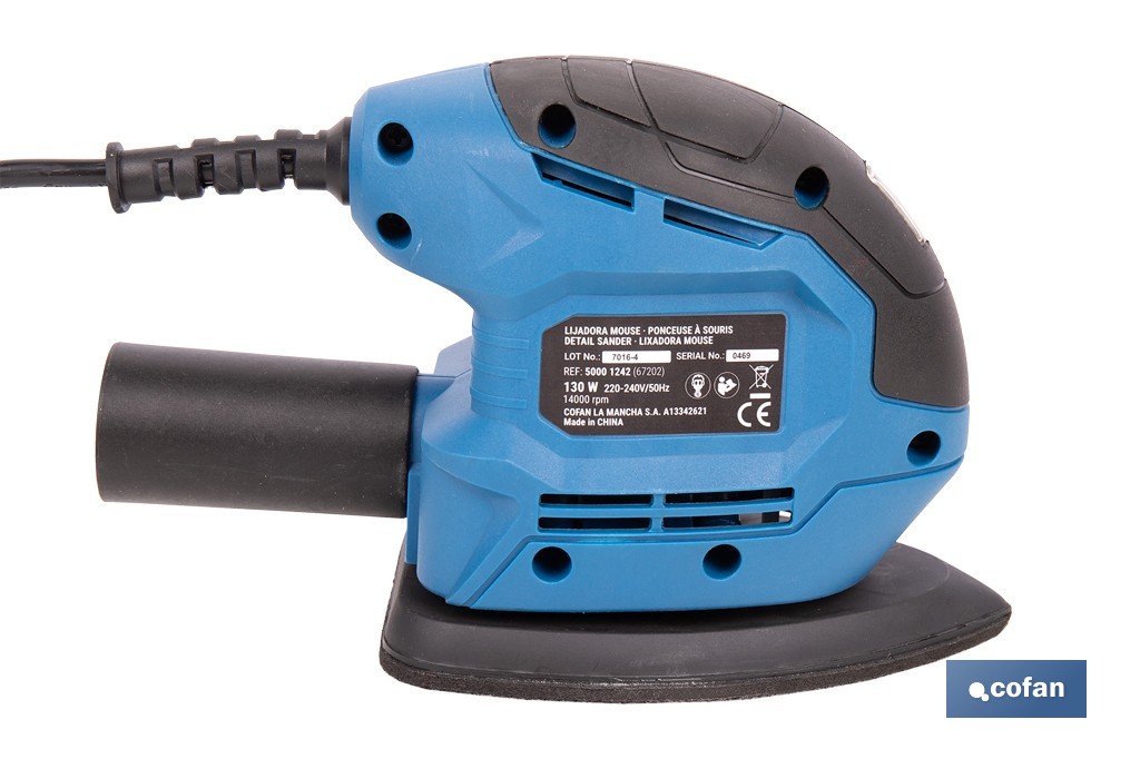 Lijadora mouse eléctrica 130 W 14 000 rpm, aspiración de polvo | Base de velcro con 5 agujeros | Ideal para madera, chapa, laca o relleno - Cofan