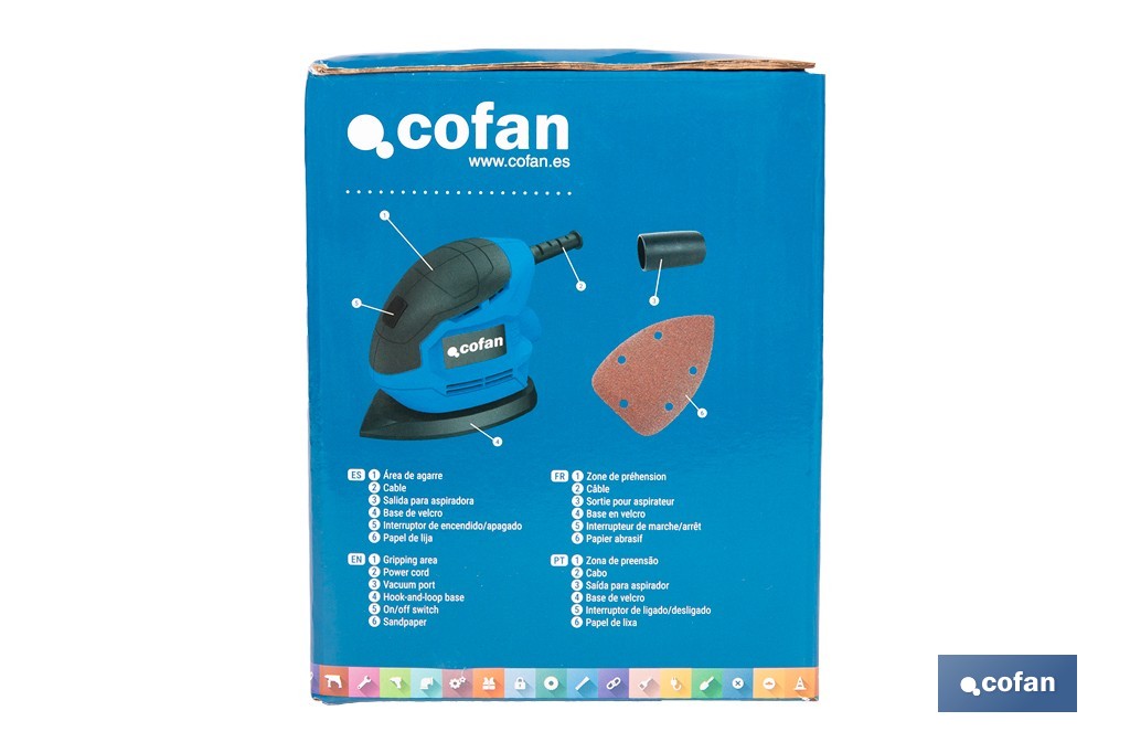 Lijadora mouse eléctrica 130 W 14 000 rpm, aspiración de polvo | Base de velcro con 5 agujeros | Ideal para madera, chapa, laca o relleno - Cofan