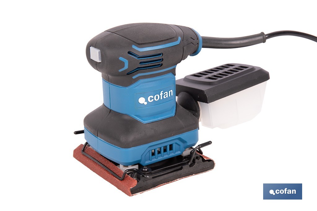 Lijadora orbital eléctrica 200 W 14 000 rpm, aspiración de polvo | Base de velcro con 8 agujeros | Ideal para madera, plástico y superficies lacadas - Cofan