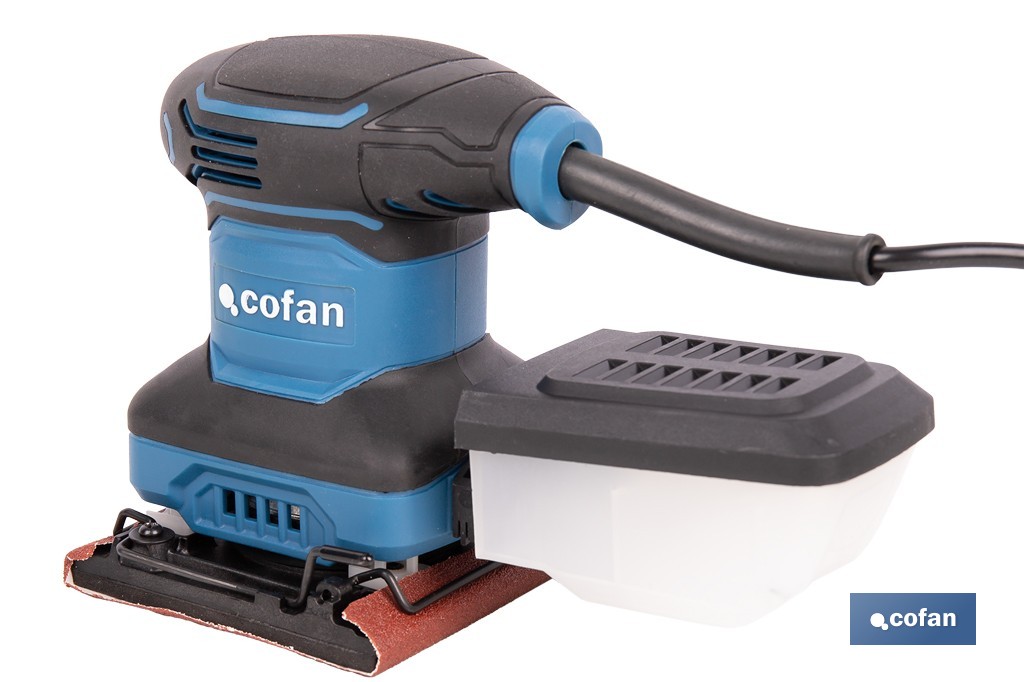 Lijadora orbital eléctrica 200 W 14 000 rpm, aspiración de polvo | Base de velcro con 8 agujeros | Ideal para madera, plástico y superficies lacadas - Cofan