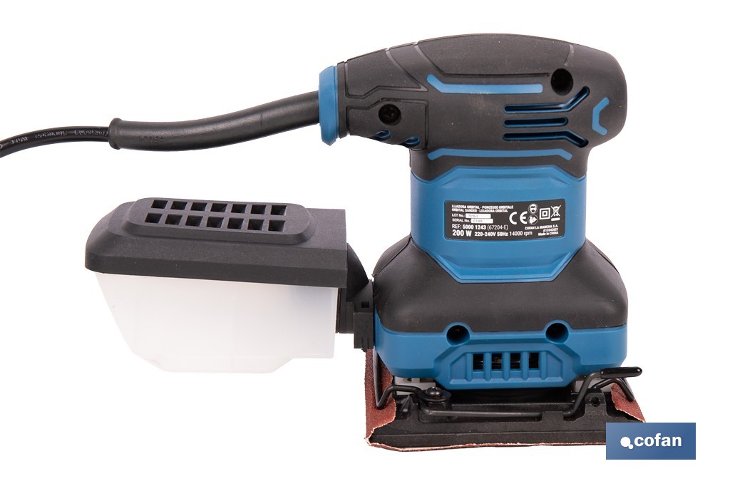 Lijadora orbital eléctrica 200 W 14 000 rpm, aspiración de polvo | Base de velcro con 8 agujeros | Ideal para madera, plástico y superficies lacadas - Cofan