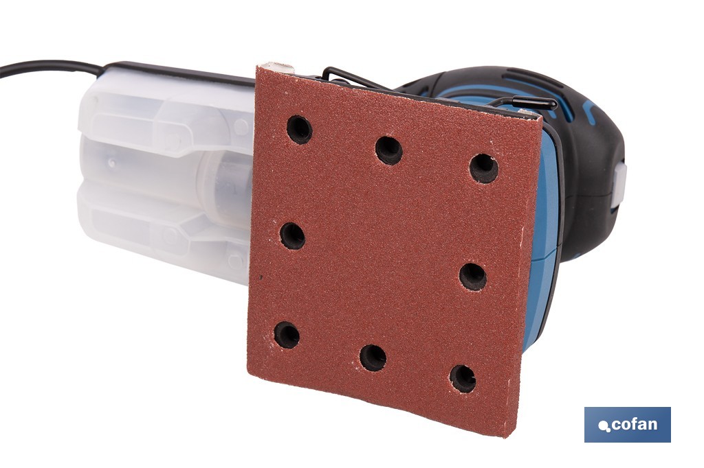Lijadora orbital eléctrica 200 W 14 000 rpm, aspiración de polvo | Base de velcro con 8 agujeros | Ideal para madera, plástico y superficies lacadas - Cofan