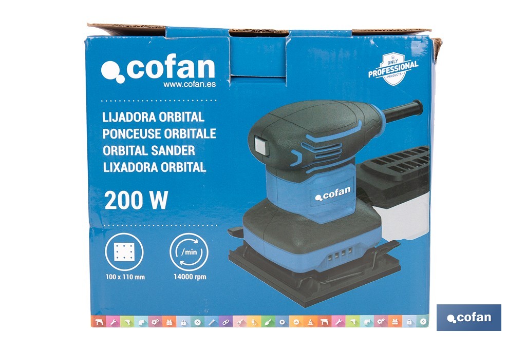 Lijadora orbital eléctrica 200 W 14 000 rpm, aspiración de polvo | Base de velcro con 8 agujeros | Ideal para madera, plástico y superficies lacadas - Cofan