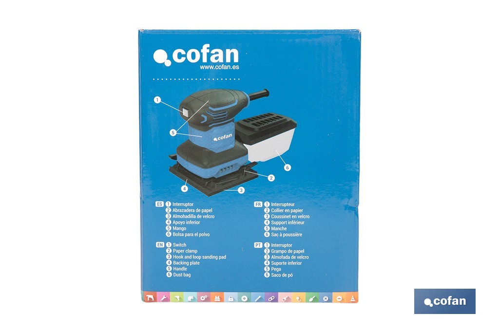 Lijadora orbital eléctrica 200 W 14 000 rpm, aspiración de polvo | Base de velcro con 8 agujeros | Ideal para madera, plástico y superficies lacadas - Cofan