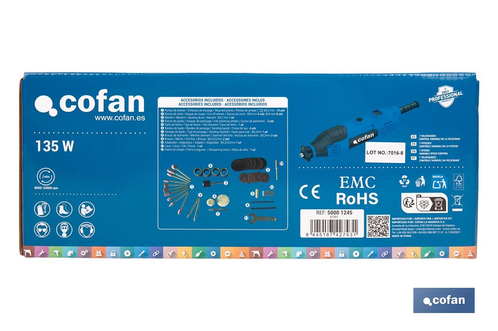 Multiherramienta rotativa 135 W 8000-33000 rpm, velocidad variable | Ideal para cortar, fresar, pulir y perforar | Incluye kit de accesorios intercambiables - Cofan