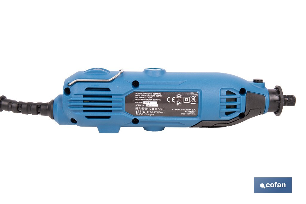Multiherramienta rotativa 135 W 8000-33000 rpm, velocidad variable | Ideal para cortar, fresar, pulir y perforar | Incluye kit de accesorios intercambiables - Cofan