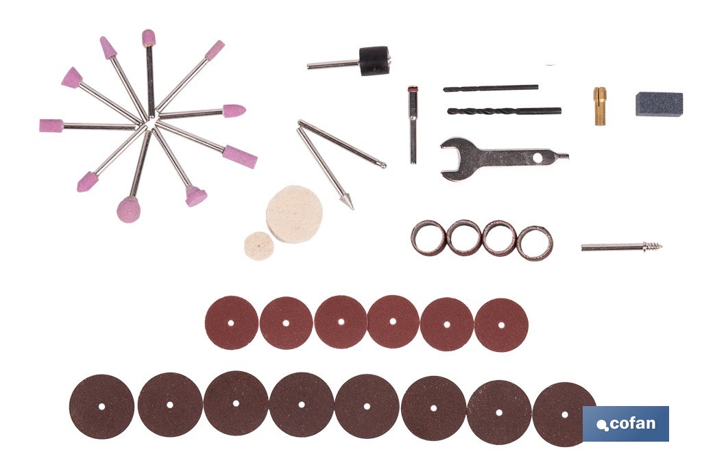 Kit de accesorios para multiherramienta rotativa | Incluye discos, fresas, brocas, lijas y accesorios de pulido | Compatible con herramienta ref. 50001245 - Cofan