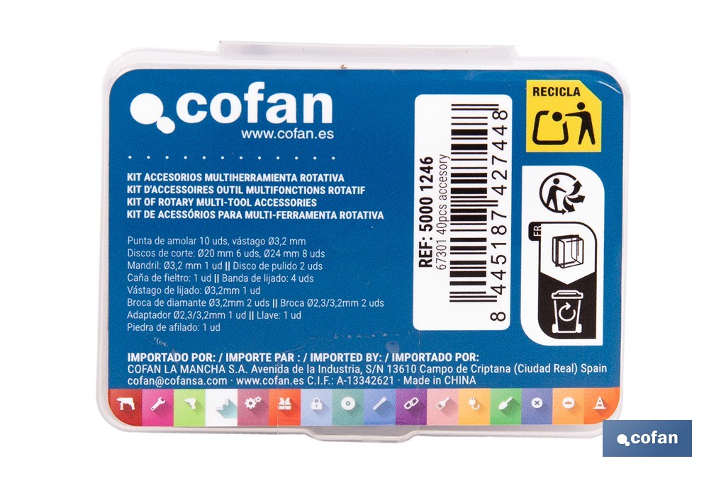 Kit de accesorios para multiherramienta rotativa | Incluye discos, fresas, brocas, lijas y accesorios de pulido | Compatible con herramienta ref. 50001245 - Cofan
