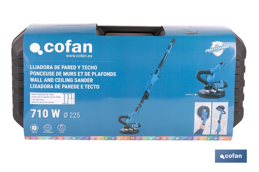 Lijadora de pared y techo eléctrica 710 W 1500 rpm | Tubo extensible, aspiración de polvo y luz LED integrada | Incluye maletín y 6 discos de lija - Cofan