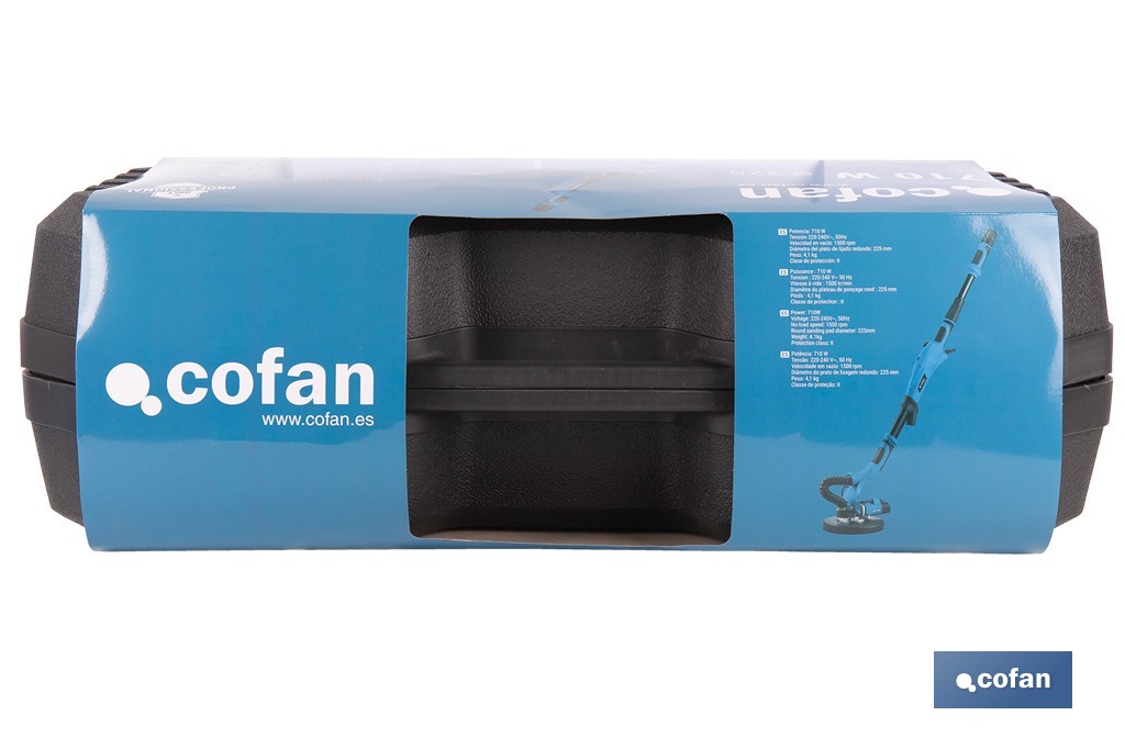 Lijadora de pared y techo eléctrica 710 W 1500 rpm | Tubo extensible, aspiración de polvo y luz LED integrada | Incluye maletín y 6 discos de lija - Cofan