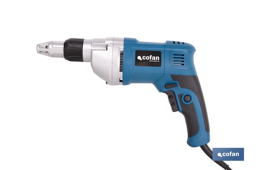 Atornillador eléctrico para paredes de yeso 600 W 2400 rpm | Velocidad variable, inserción de portapuntas 1/4" | Diseño ergonómico para trabajos continuos - Cofan