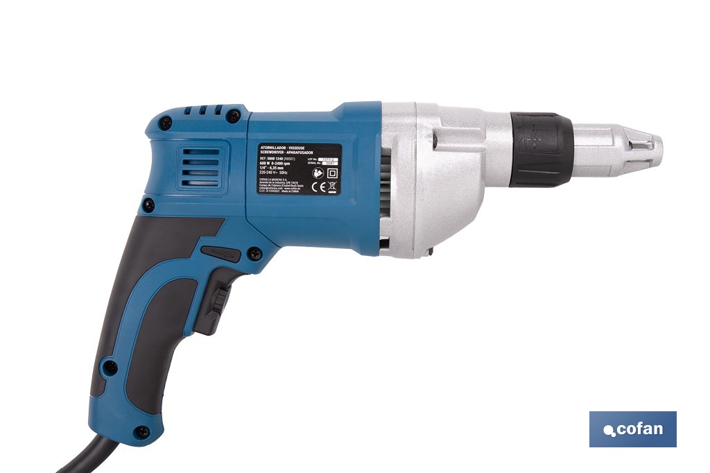 Atornillador eléctrico para paredes de yeso 600 W 2400 rpm | Velocidad variable, inserción de portapuntas 1/4" | Diseño ergonómico para trabajos continuos - Cofan