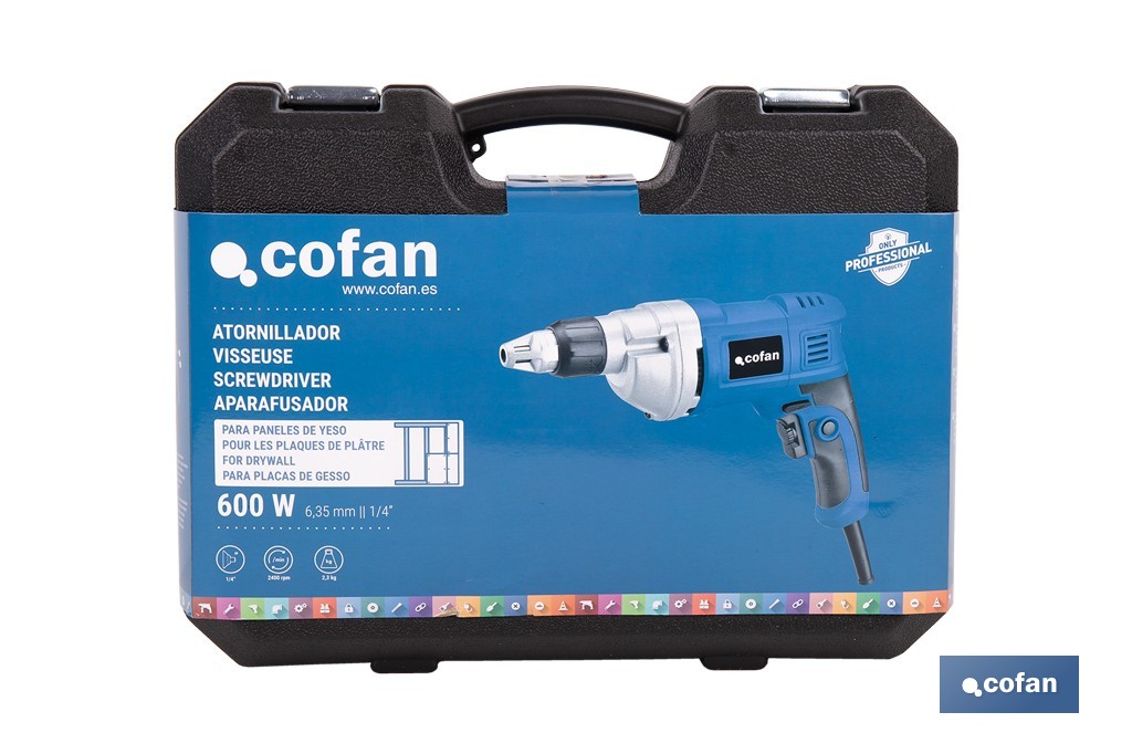 Atornillador eléctrico para paredes de yeso 600 W 2400 rpm | Velocidad variable, inserción de portapuntas 1/4" | Diseño ergonómico para trabajos continuos - Cofan
