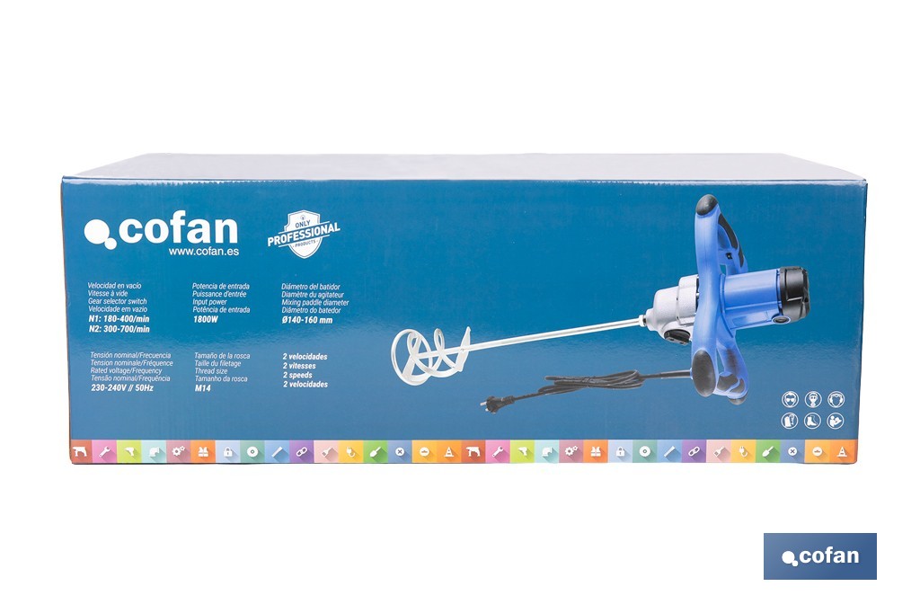 Misturador elétrico | Agitador M14 | Vara misturadora incluída | 2 velocidades | Potência: 1800 W - Cofan
