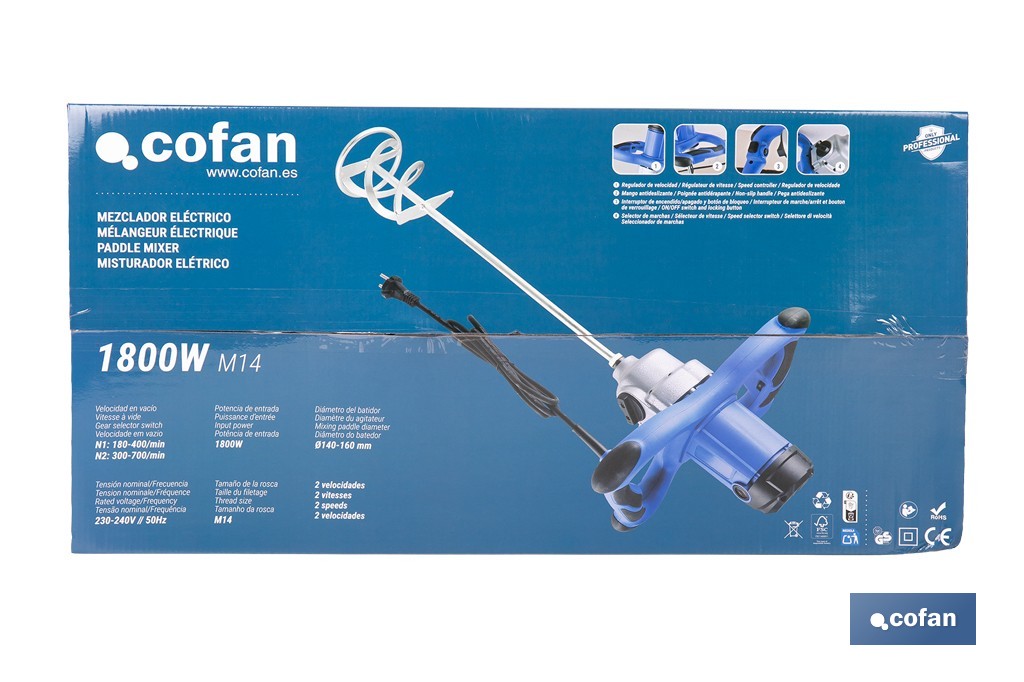 Misturador elétrico | Agitador M14 | Vara misturadora incluída | 2 velocidades | Potência: 1800 W - Cofan