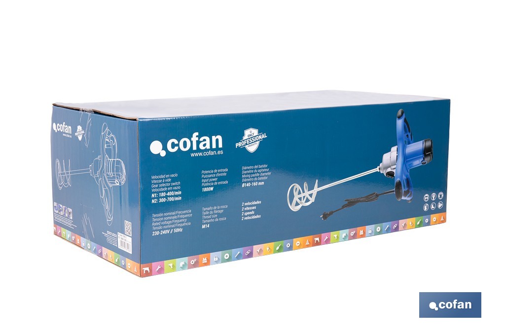 Misturador elétrico | Agitador M14 | Vara misturadora incluída | 2 velocidades | Potência: 1800 W - Cofan
