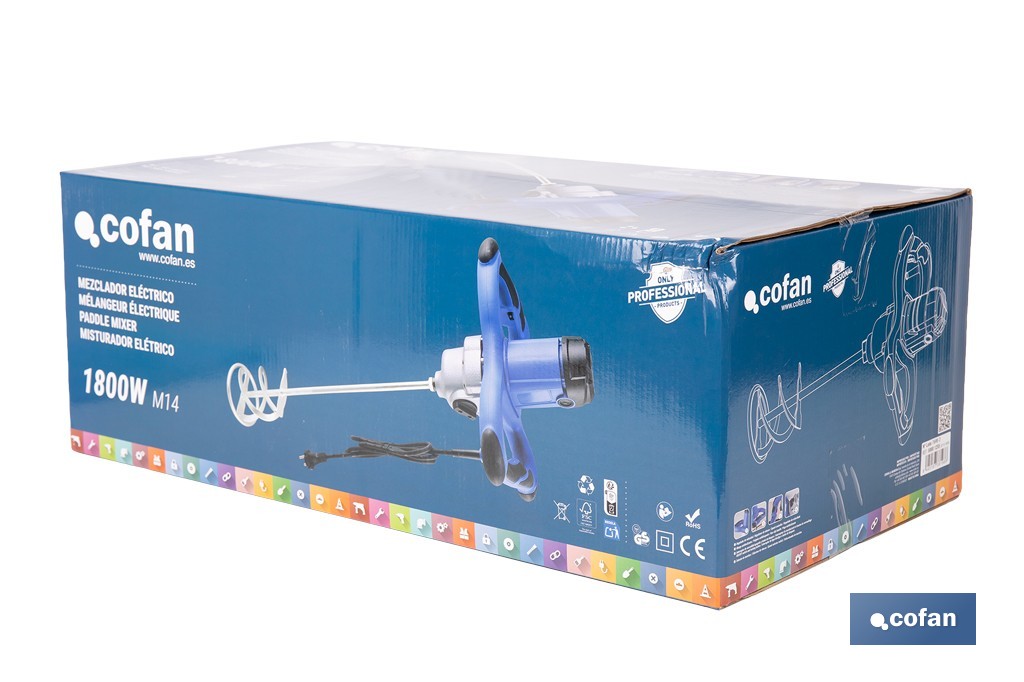 Misturador elétrico | Agitador M14 | Vara misturadora incluída | 2 velocidades | Potência: 1800 W - Cofan