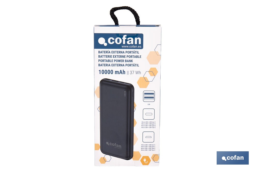 Batería externa portátil de 20 W con USB-A y USB tipo C | Power bank 10.000 mAh de polímero de litio 3,7 V - Cofan