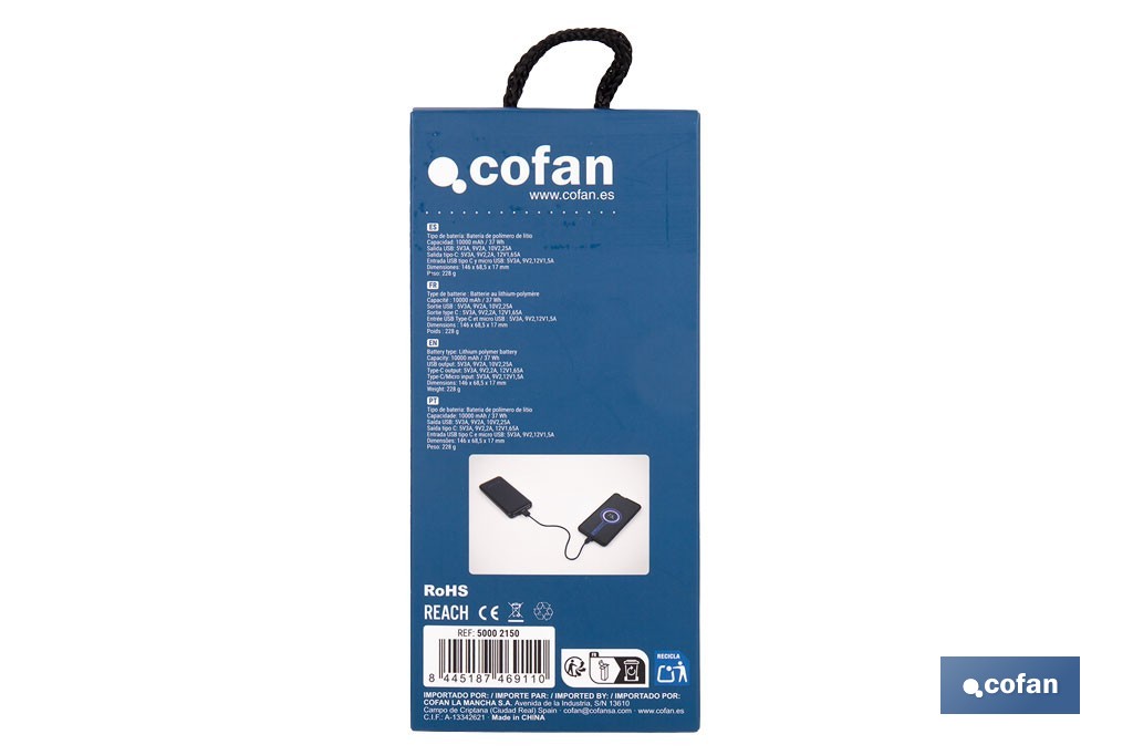 Batería externa portátil de 20 W con USB-A y USB tipo C | Power bank 10.000 mAh de polímero de litio 3,7 V - Cofan