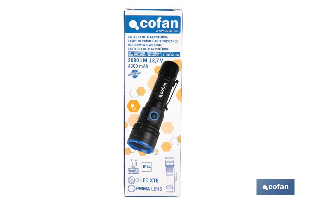 Linterna LED de alta potencia (2000 lm) y 150 m de alcance. 5 funciones y base magnética - Cofan