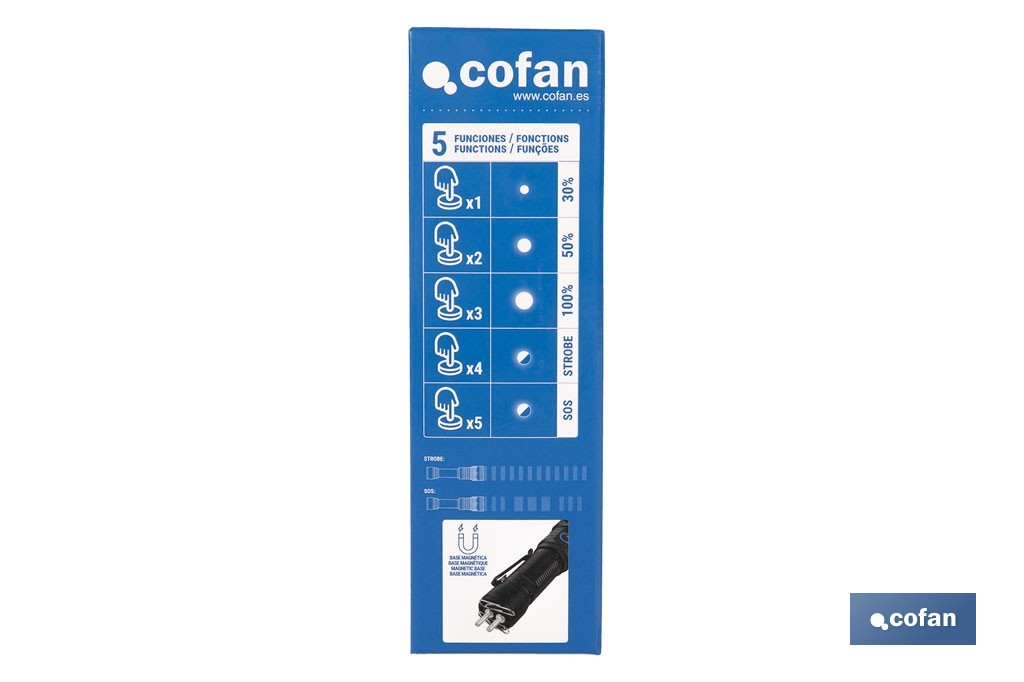 Linterna LED de alta potencia (2000 lm) y 150 m de alcance. 5 funciones y base magnética - Cofan