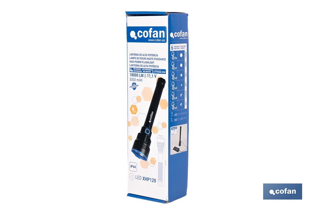 Linterna LED de alta potencia | Recargable con 6 modos de luz | Disponible en dos potencias: 18.000 lm y 10.000 lm - Cofan
